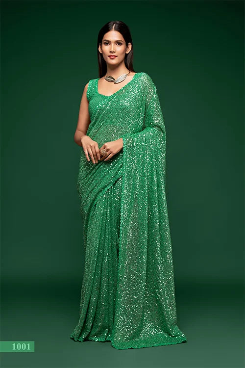 Fabulous Mint Green Sequined Georgette Party Wear Saree