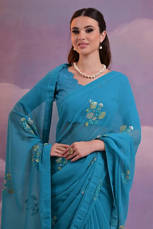 Light Blue Saree with Sequin Flower Embroidery Work