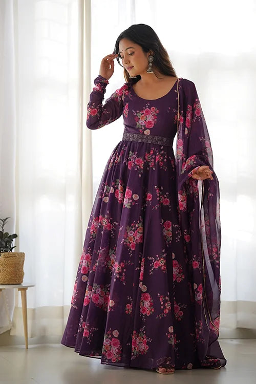 Buy Wine Color Floral Printed Organza Anarkali Suit Online