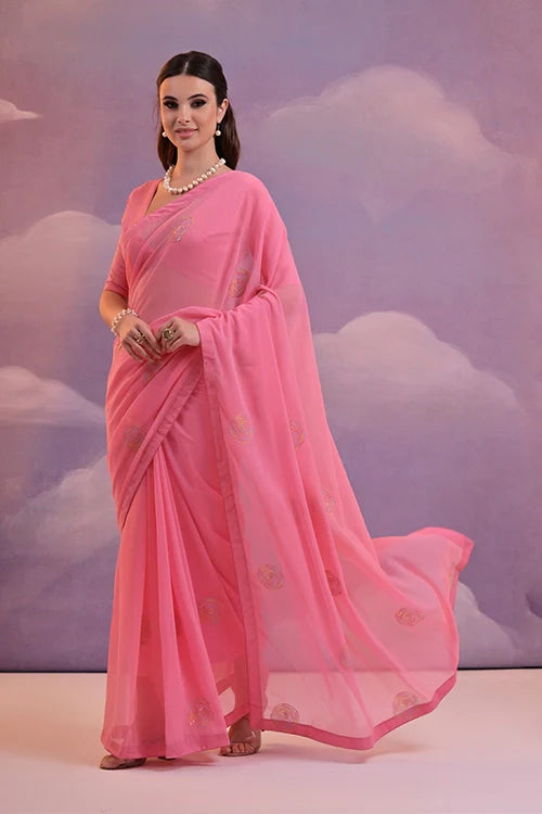 Stylish Pink Designer Saree with Sequins & Lace Work
