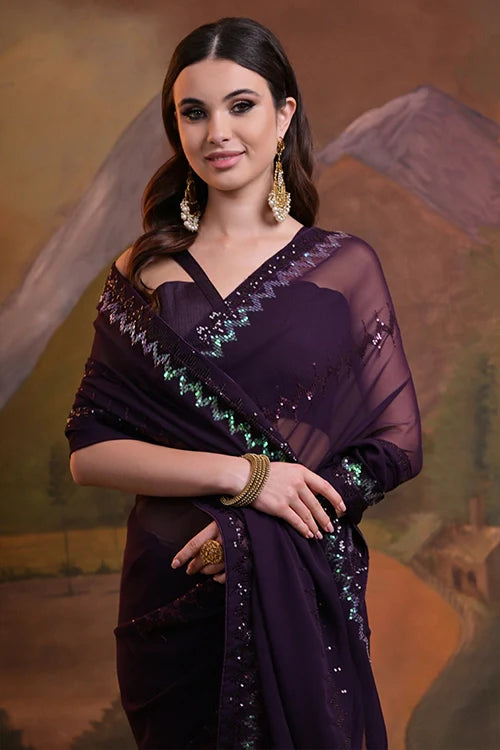 Gorgeous Purple Georgette Saree with Sequins Work