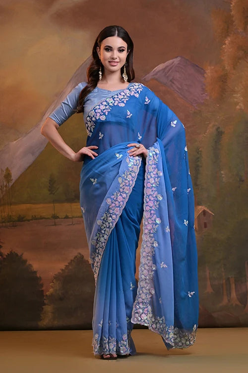Designer C Pallu Embroidery Saree Online in Blue