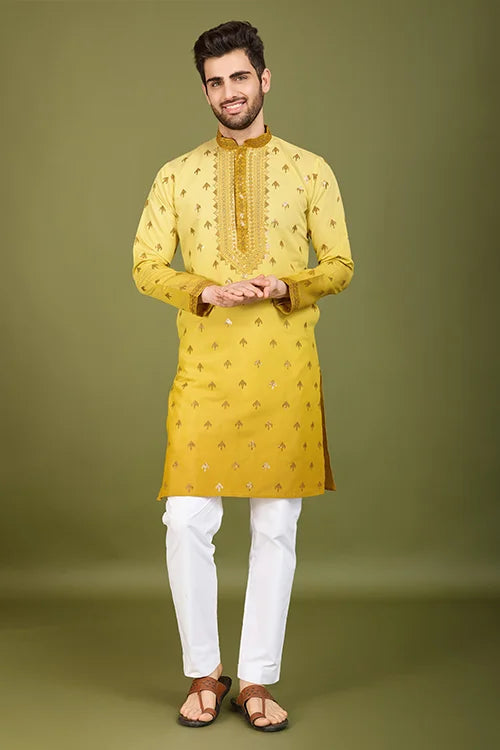 Designer Ombre Yellow Silk Kurta for Men | Shubh Kala