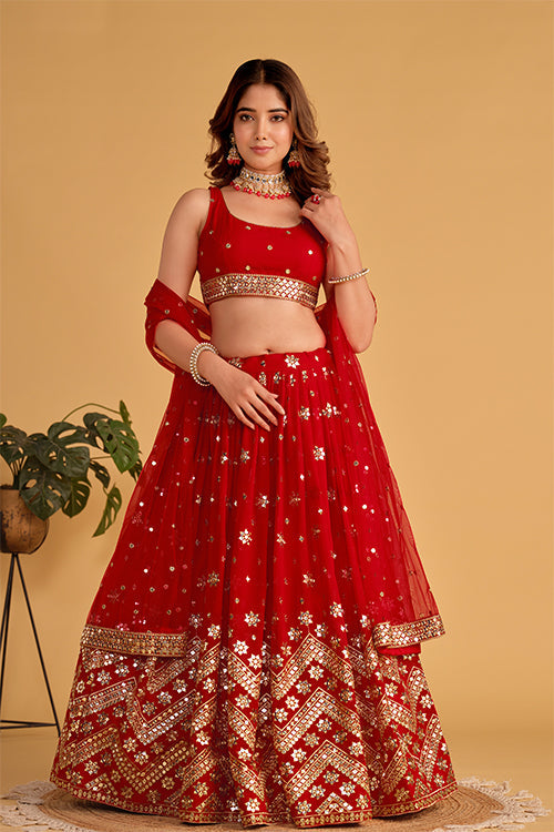 Buy Designer Red Georgette Embroidered Lehenga Choli in Shubhkala