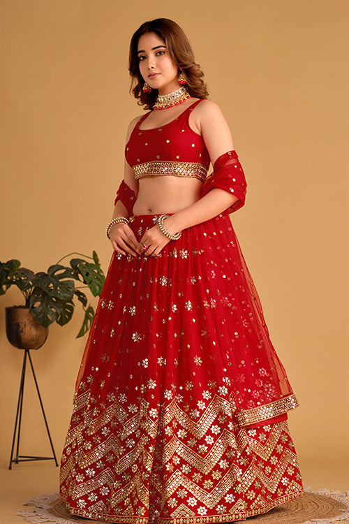 Buy Designer Red Georgette Embroidered Lehenga Choli in Shubhkala