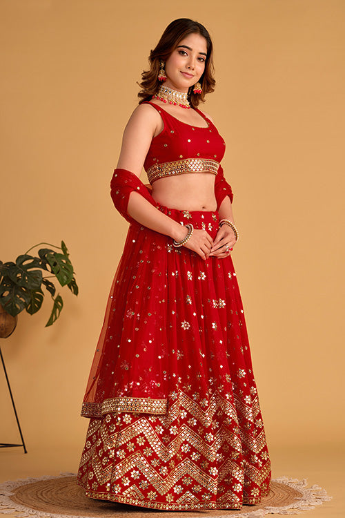 Buy Designer Red Georgette Embroidered Lehenga Choli in Shubhkala