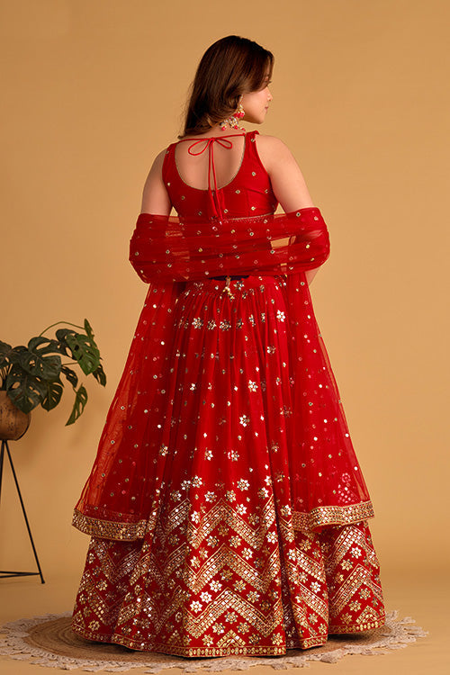 Buy Designer Red Georgette Embroidered Lehenga Choli in Shubhkala