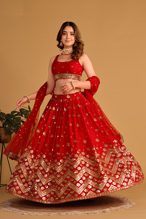 Buy Designer Red Georgette Embroidered Lehenga Choli in Shubhkala