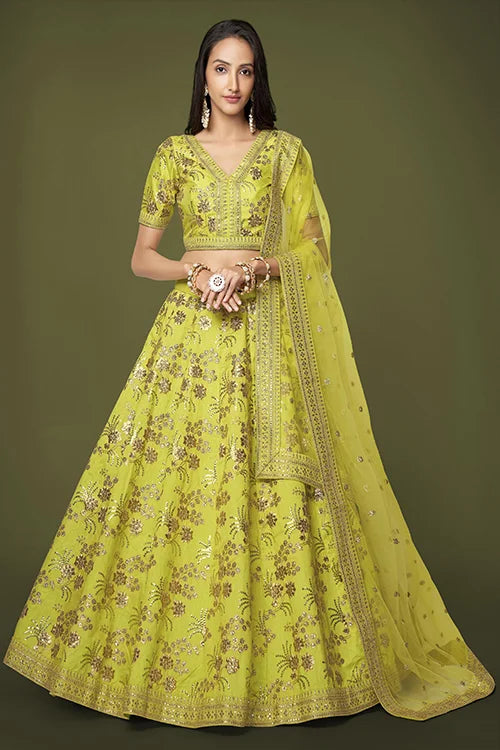 Buy Fascinating Neon Green Sequins Lehenga Choli