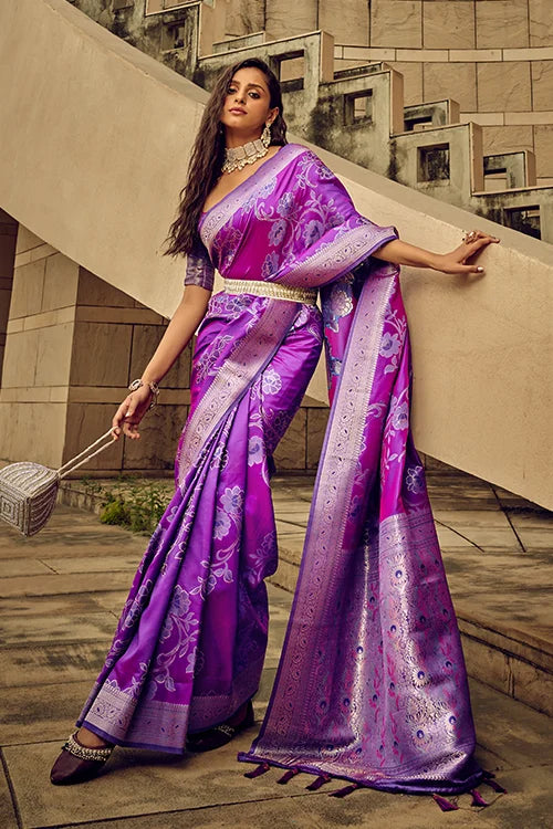 Buy Purple Color Handwoven Silk Blouse with Brasso Saree Collection