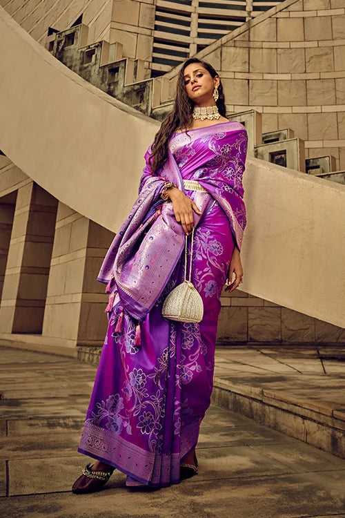 Buy Purple Color Handwoven Silk Blouse with Brasso Saree Collection