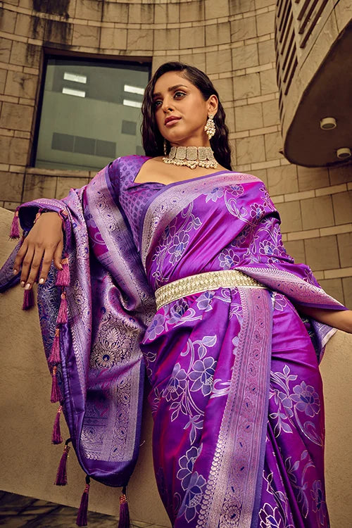 Buy Purple Color Handwoven Silk Blouse with Brasso Saree Collection