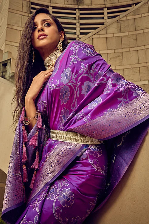 Buy Purple Color Handwoven Silk Blouse with Brasso Saree Collection