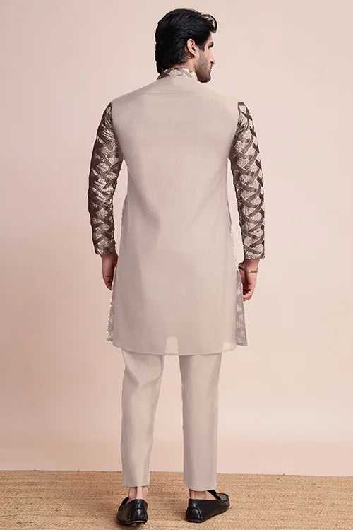Designer Beige Silk Kurta For Men - Festival Ready Wear