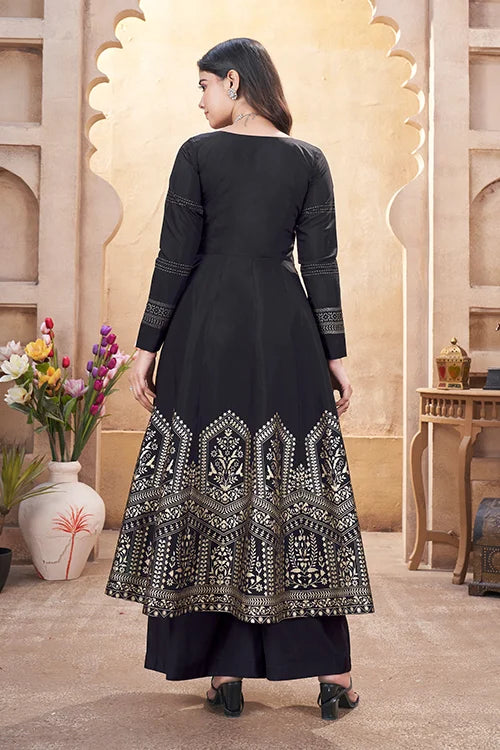 Black Roman Silk Ready to Wear Mirror Work Festive Suit