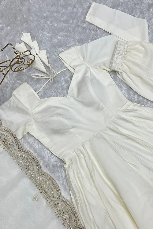 Ready to Wear Off White Pure Roman Silk Anarkali Gown with Dupatta