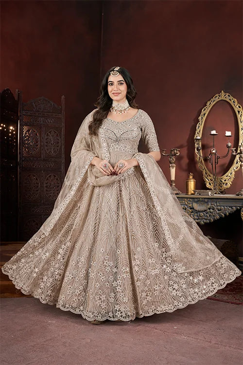 Beautiful Chiku Embroidered Net Reception Wear Gown With Dupatta