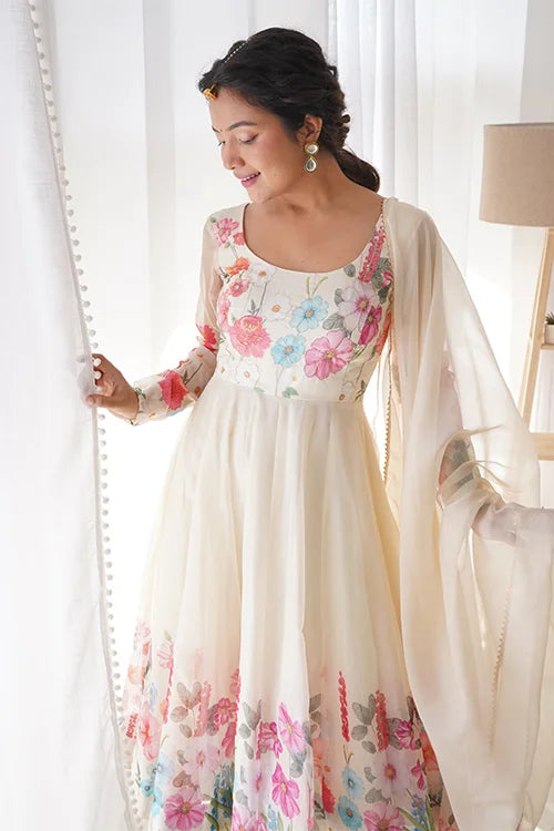 Cream Floral Printed Organza Anarkali Suit Set Collection