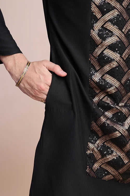 Traditional Black Silk Kurta With Thread Work