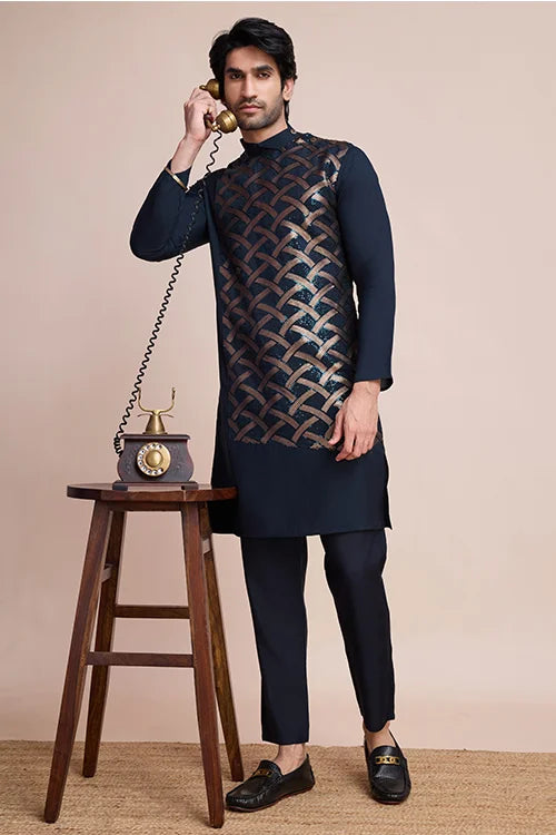 Traditional Embroidered Navy Silk Kurta For Men
