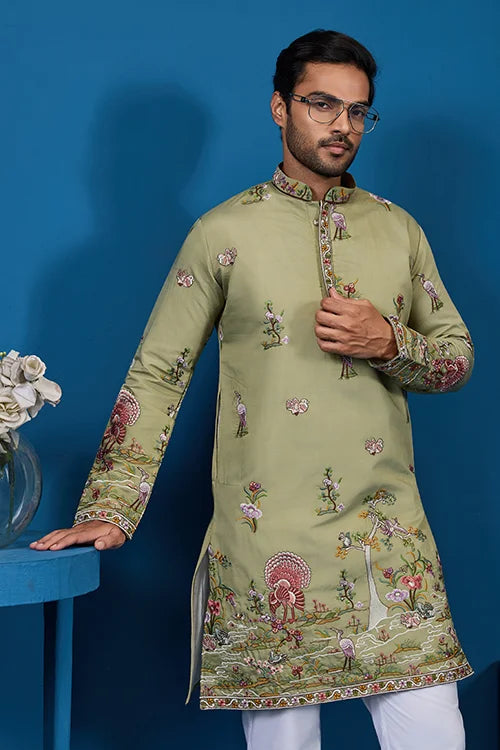 Traditional Pista Green Embroidered Kurta for Men