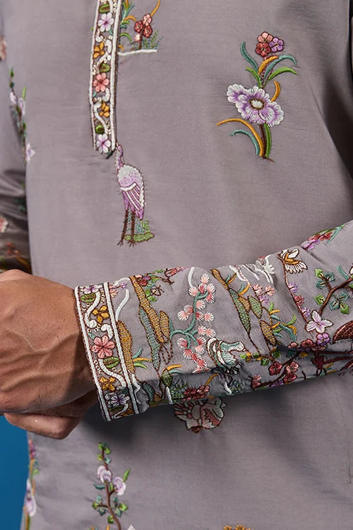 Classy Grey Embroidered Mens Kurta for Wedding Events