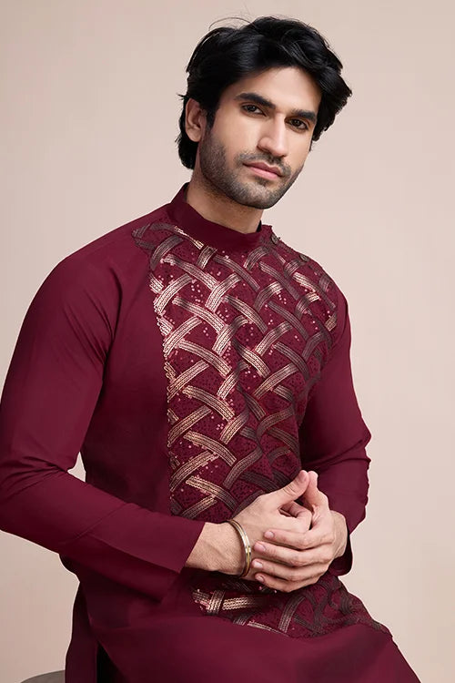 Designer Maroon Men's Silk Kurta For Special Events