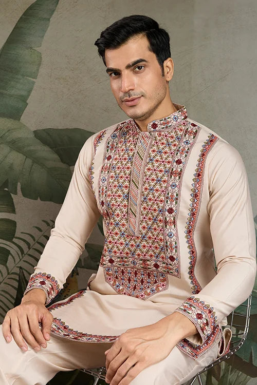Classic Ivory Embroidered Kurta Pajama for Men