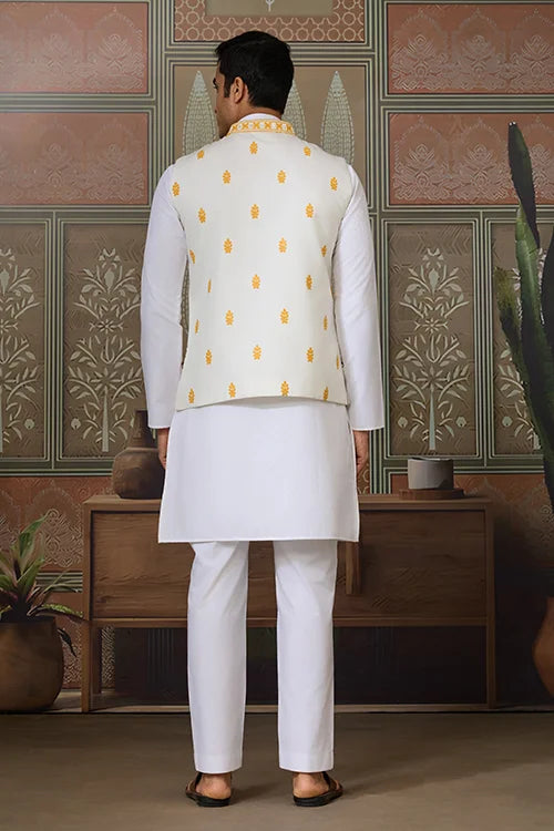 Haldi Special Yellow Koti with White Kurta for Mens