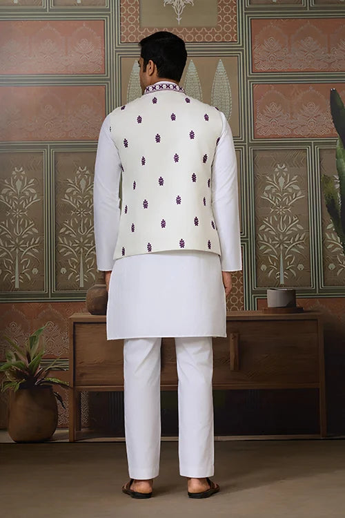 Classic White Mens Kurta Pajama with Stylish Purple Koti