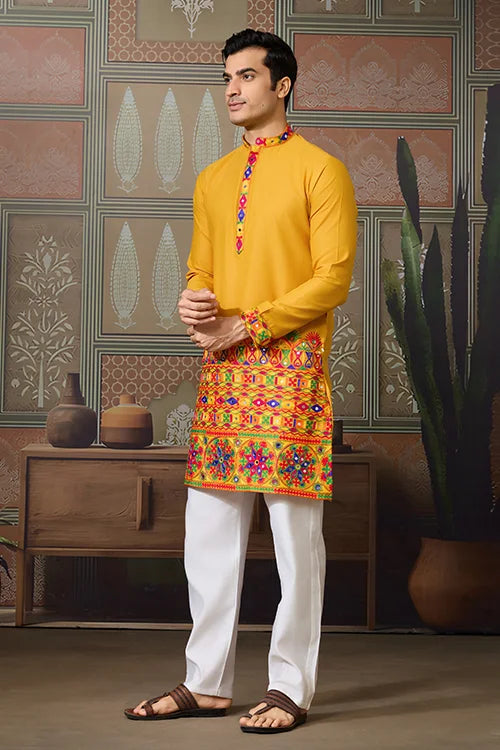 Classic Yellow Cotton Mens Ready to Wear Kurta for Navratri