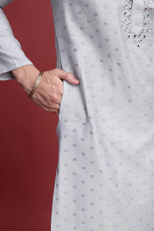 Beige Viscose Men’s Kurta - Mirror Work Design