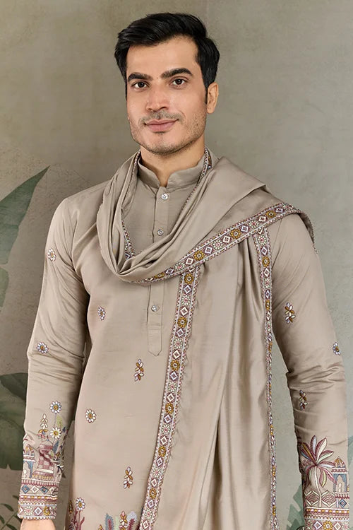 Premium Ivory Color Embroidered Kurta with Pajama Set for Men