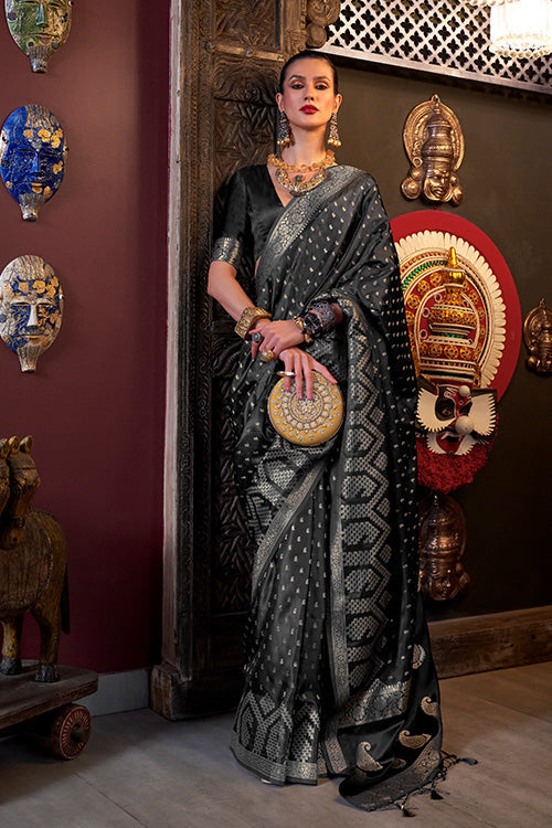 Luxury Wedding Collection Black Satin Handloom Silk Saree