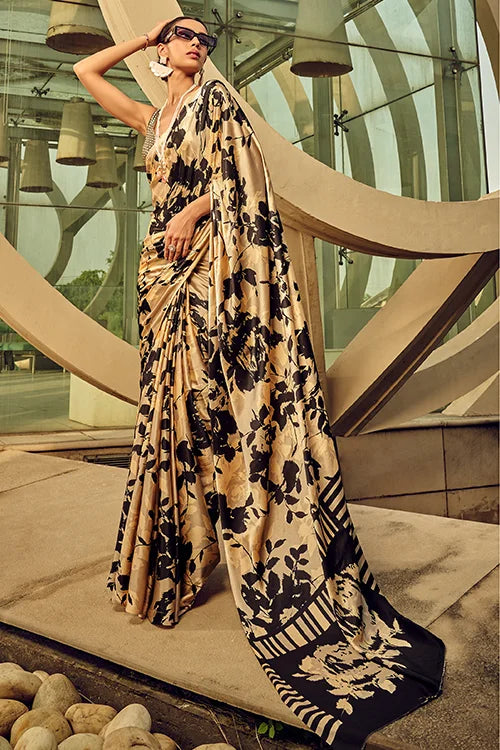 Elegant Black Satin Crepe Digital Printed Saree Collection