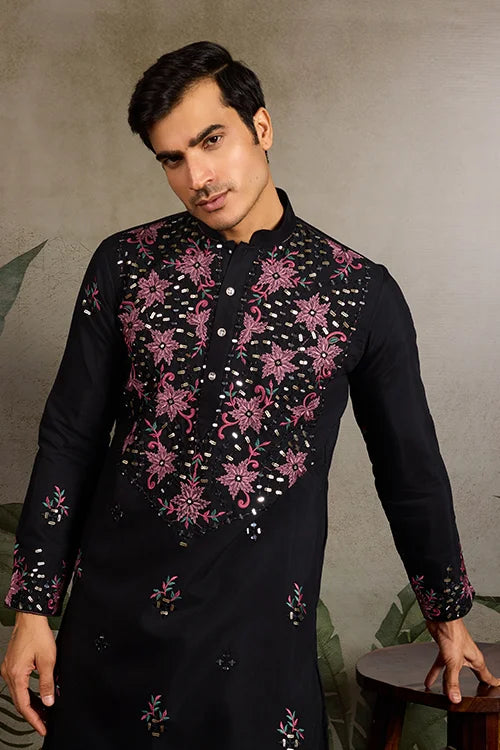 Black Mirror Work with Embroidered Kurta Set for Men