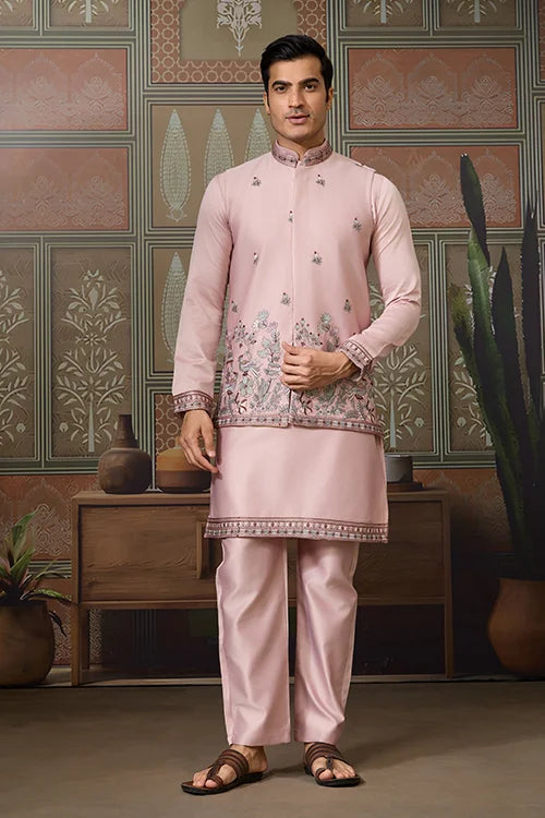 Pink Unique Color Embroidered Koti Kurta Pajama for Mens