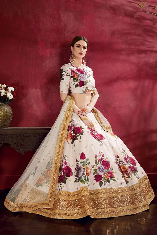 Collection For Women Floral Print Heavy Lehenga Choli Off- White Colour
