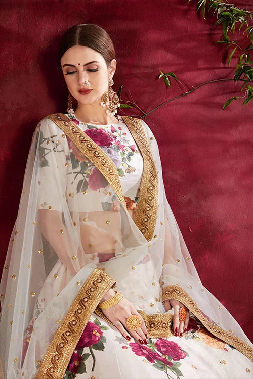 Collection For Women Floral Print Heavy Lehenga Choli Off- White Colour