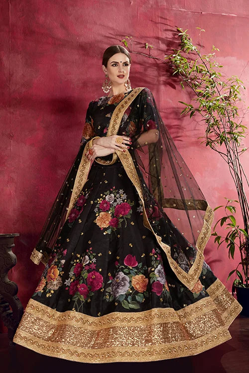 Collection For Women Floral Printed Lehenga Choli Black Colour