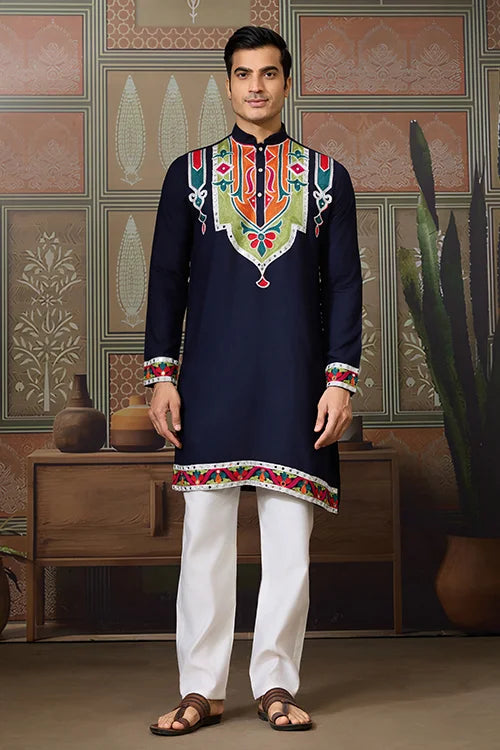 Navy Blue Embroidered Festival Wear Kurta for Men