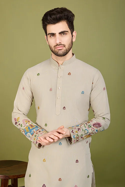 Ivery Color Embroidered Work Cotton Kurta for Men
