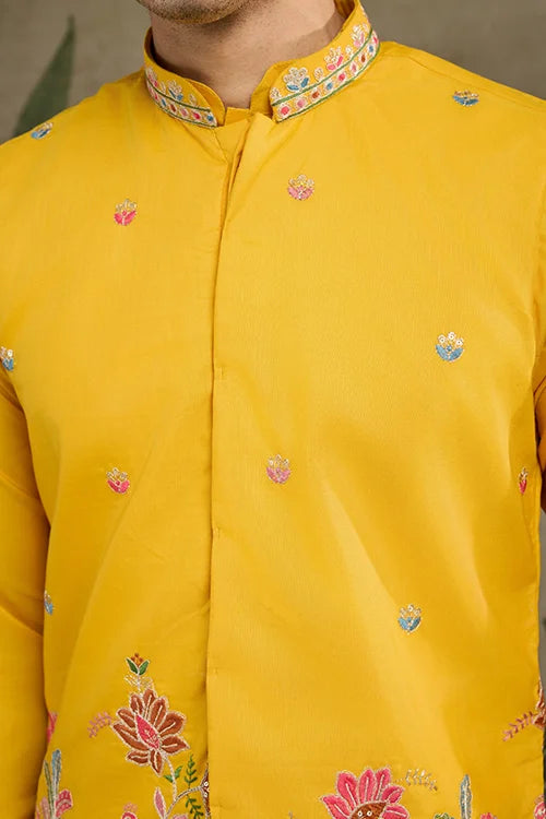 Designer Yellow Cotton Kurta with Koti Jacket Online