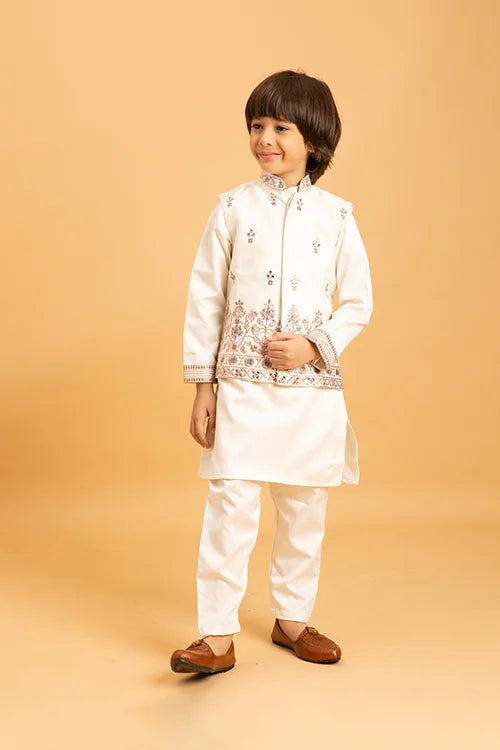 Premium White Mirror Work Koti Kurta Set for Boys
