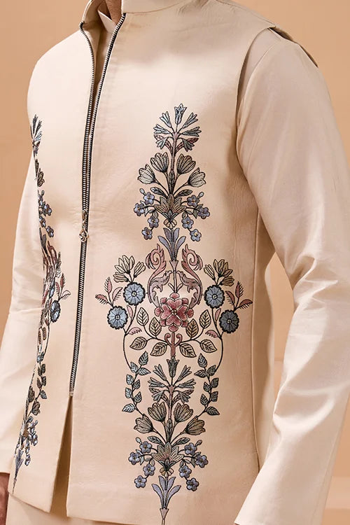Tendy Beige Wedding Special Koti Kurta Set for Mens Wear