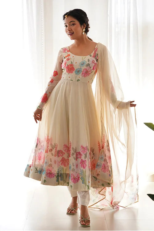 Cream Floral Printed Organza Anarkali Suit Set Collection