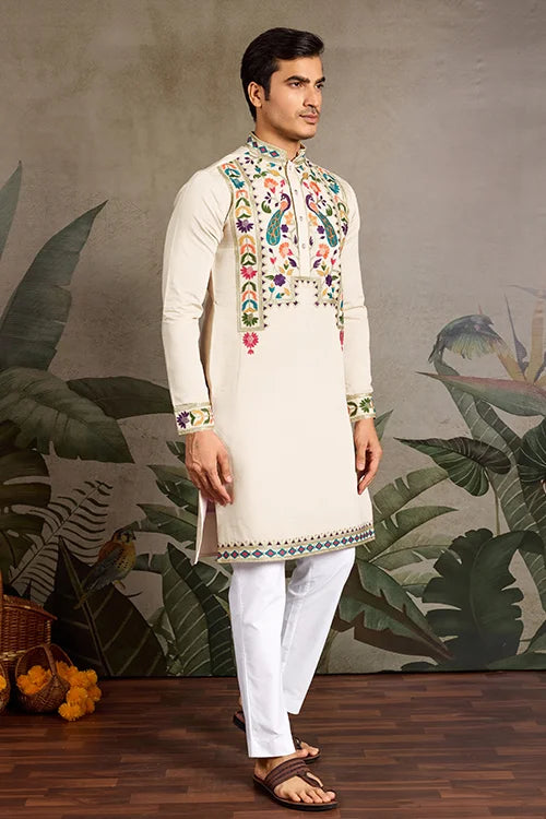 Beige Color Special Embroidered Kurta for Mens Wear