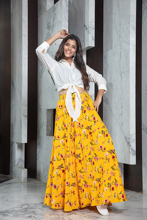 Exclusive White Yellow Printed Fancy Crop-Top