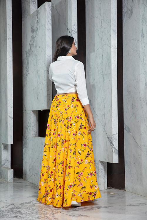 Exclusive White Yellow Printed Fancy Crop-Top