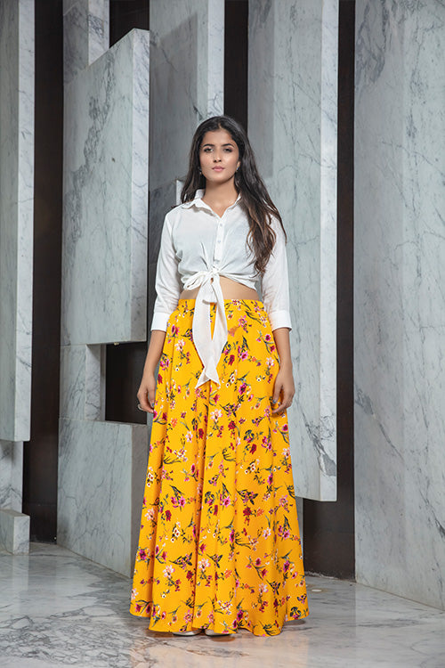 Exclusive White Yellow Printed Fancy Crop-Top